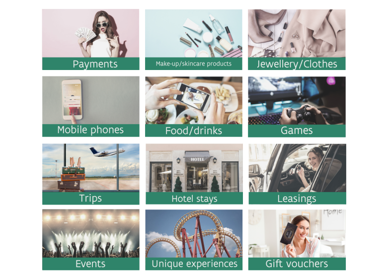 Examples of benefits: a payment, free or discounted products (make-up, care products, jewellery, clothes, games, mobile phones, toys, ...), a lease (cars, ...), food, drinks, restaurant visits, hotel stays, trips, events, unique experiences, gift vouchers
