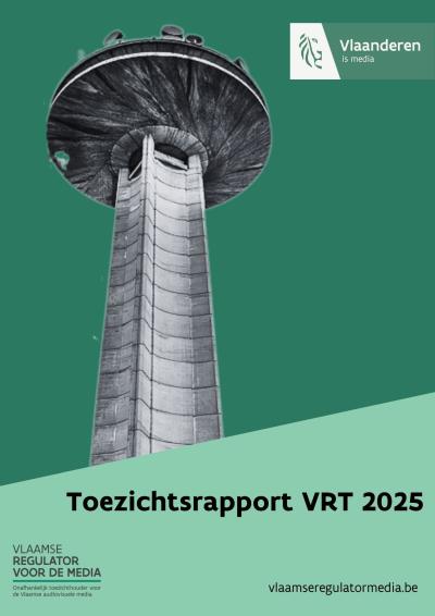 Cover van het toezichtsrapport op de naleving van de beheersovereenkomst door de openbare omroep. Op de cover staat een afbeelding van de bekende VRT-toren